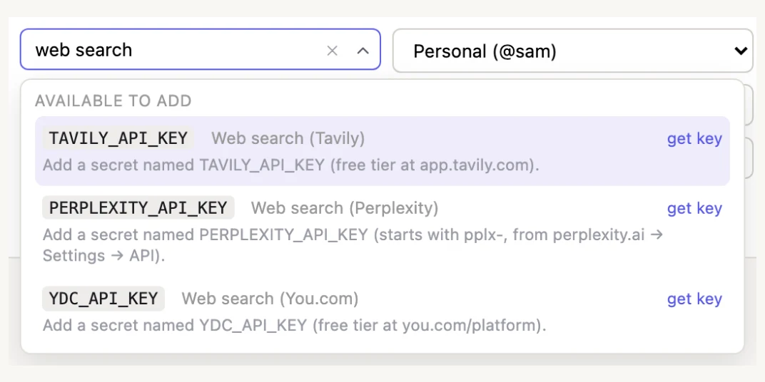 Settings' integration picker filtered to “web search”, offering Tavily, Perplexity and You.com, each with a link to get a key.