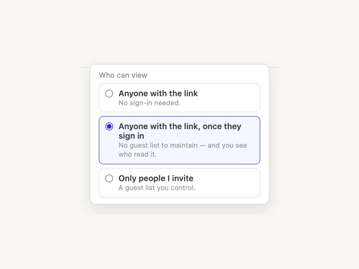 Share’s Who can view choices: anyone with the link, anyone with the link once they sign in, and only people I invite. The signed-in option is selected.