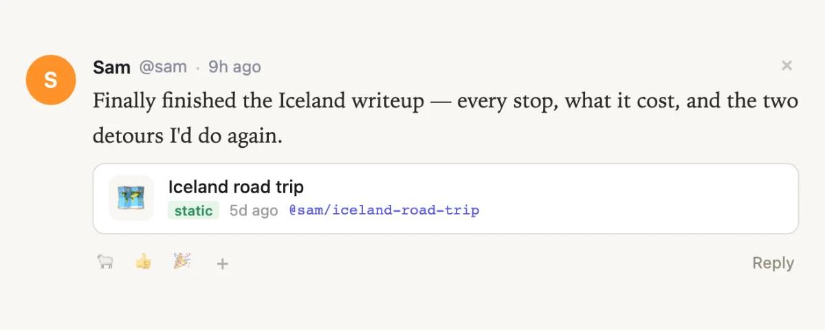 A post in the Flock with a space attached: the space shows as a card with its emoji, title, how fresh it is and its handle — the same card the dashboard uses.