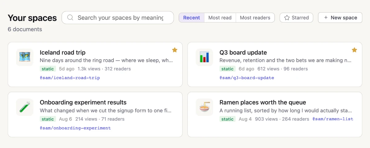 The dashboard's Your spaces list: a Starred chip beside the sort controls, and the two starred spaces sitting first with a gold star on their cards.